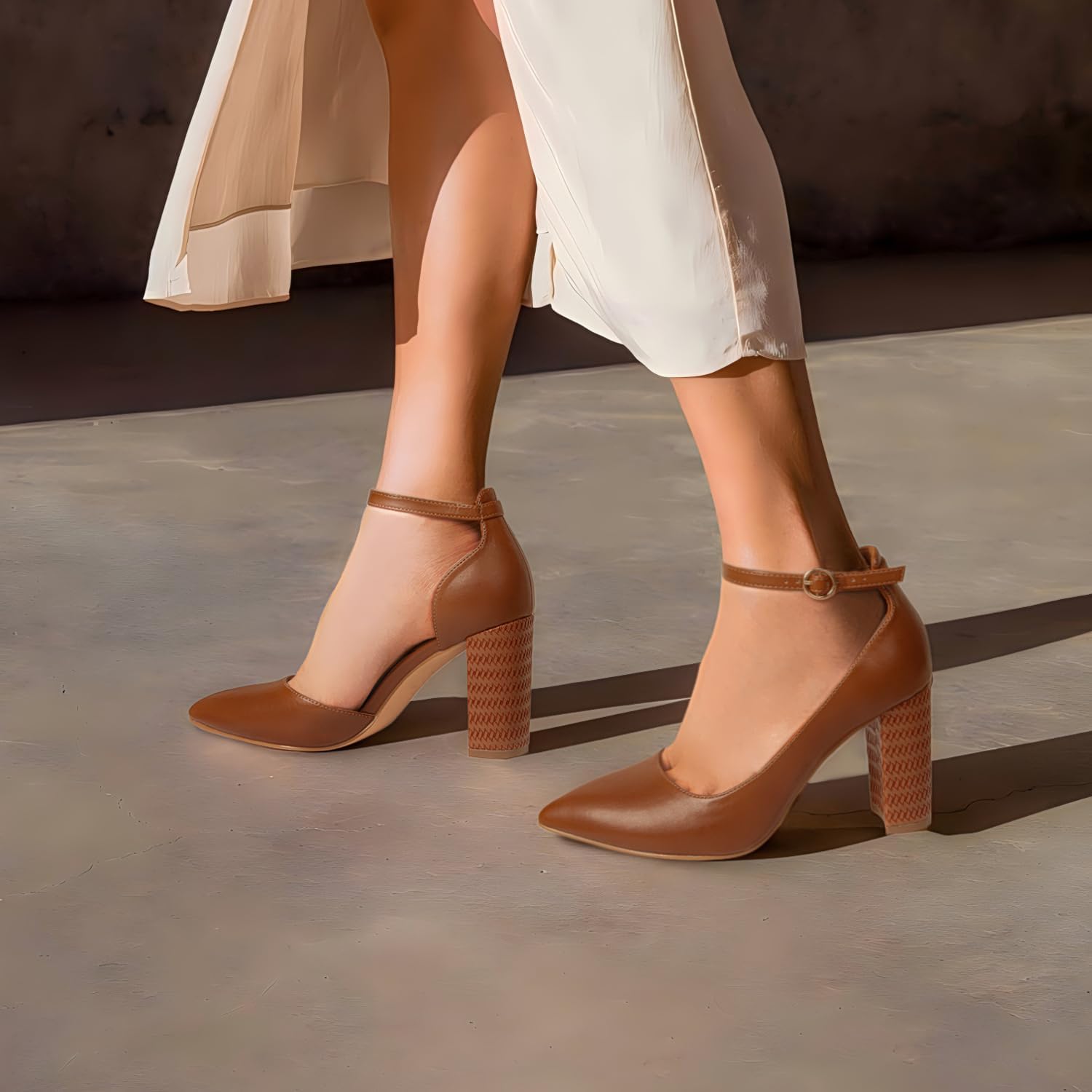 Women's Closed Toe Pumps 3-Inch Chunky Heels Pumps Ankle Strap Dress Wedding Shoes - Image 3