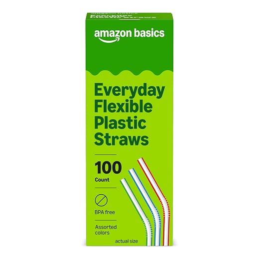 Amazon Basics Disposable Striped Plastic Flex Straws, Assorted Colors, 100 Count, Large Pack, Packaging May Vary
