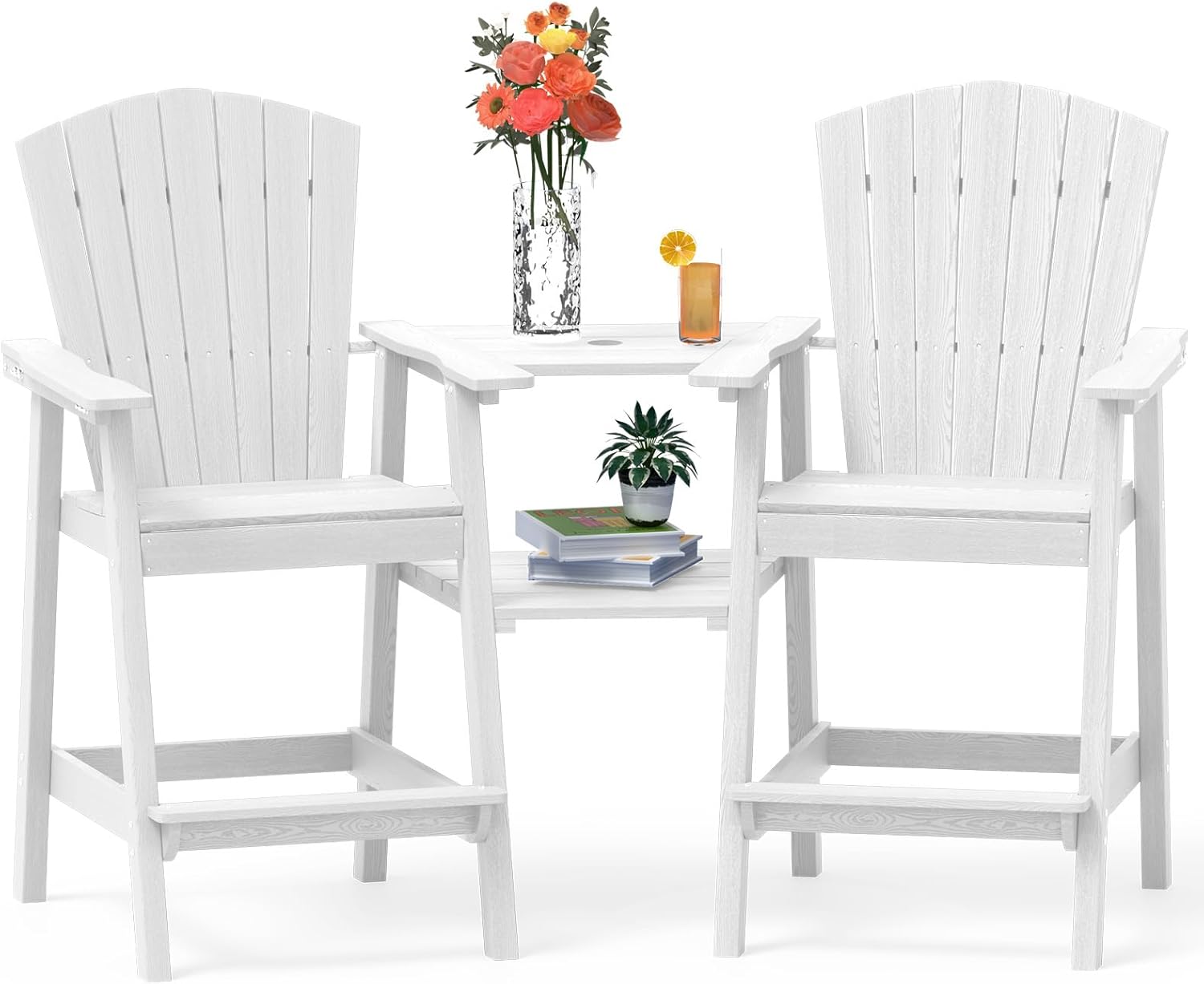 Tall Adirondack Chairs Set of 2 High Back Adirondack barstools with Removable Connecting Tray, HDPE Height Adirondack Barstools, High Patio Chairs for Balcony, Lawn, Deck, Backyard - White