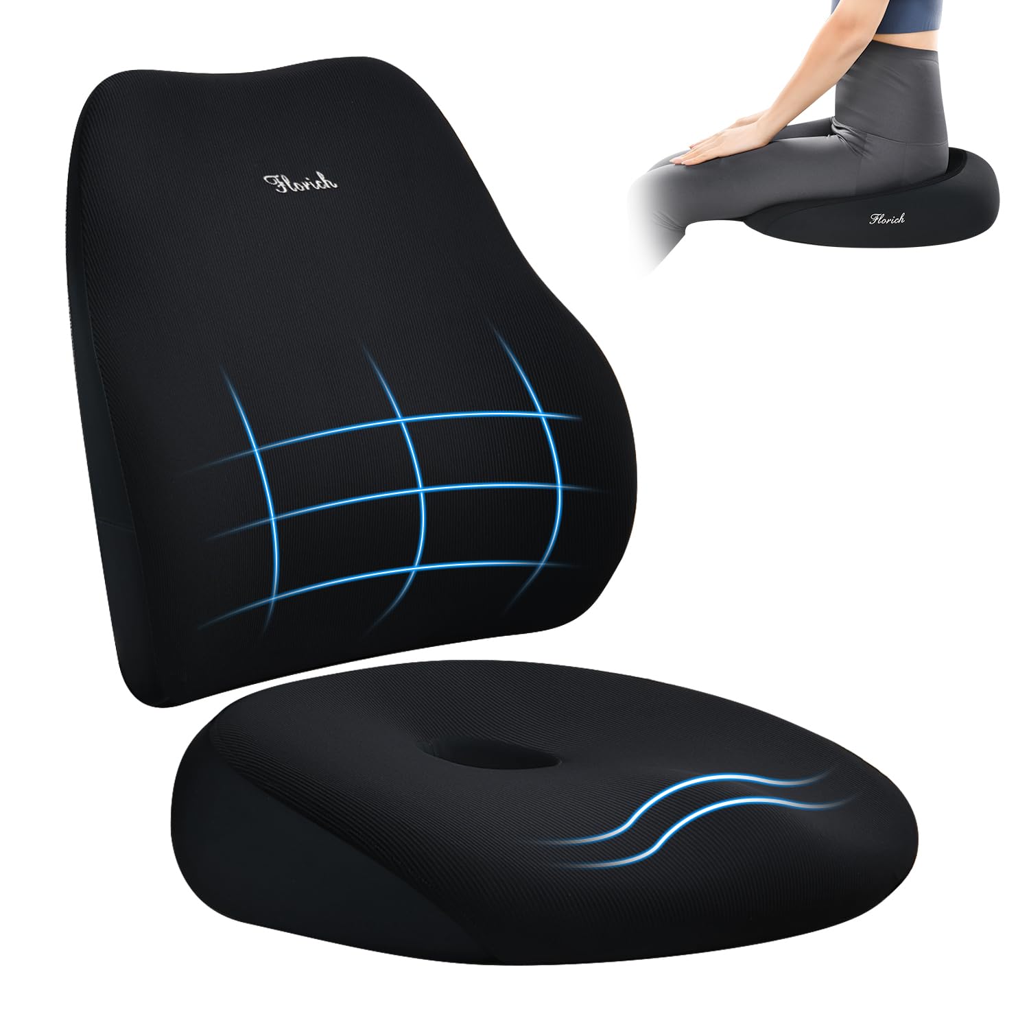 Photo 1 of FLORICH Large Car Seat Cushion and Lumbar Support Pillow, Ergonomic Memory Foam Driving Seat Cushion for Back & Sciatica Pain Relief, Non-Slip Washable Seat Cushion for Car, Driver, Office-Black