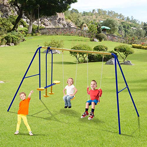 Costzon Swing Sets for Backyard, A-Frame Metal Swing Stand, Saucer Tree Swing, Basketball Hoop, Climbing Net, Climbing Ladder, Outdoor Playground Swing Sets (3-in-1 Swing Set)