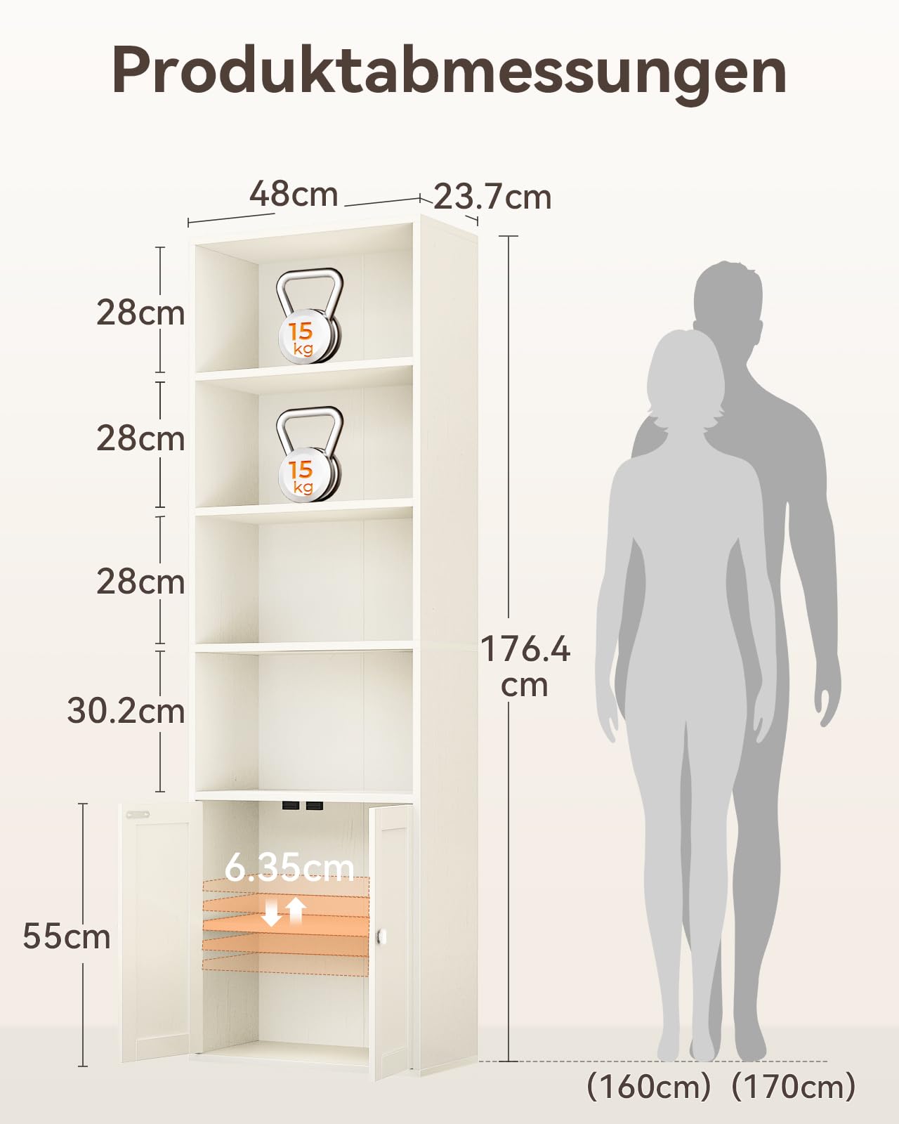 Coleshome 6 Niveaux Bibliothèque avec Portes et Placard, Bibliothèque Meuble de Rangement, Debout pour Stockage et Affichage, pour Maison, Bureau, Salon, Chambre à Coucher, Blanc