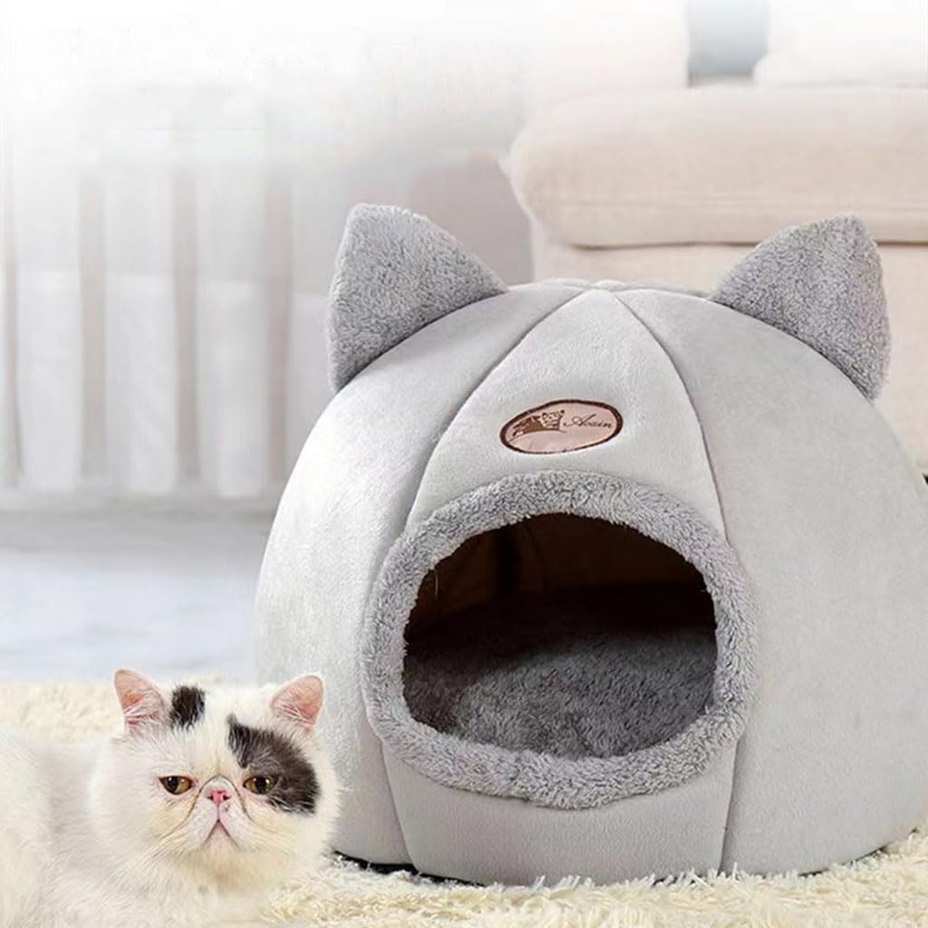 Lits pour Chats d'intérieur, lit pour Chat Igloo, Tente de lit pour Chat avec Coussin Amovible et Lavable, lit Pliable et Portable pour Animaux de Compagnie - 36 x 36 x 36 cm