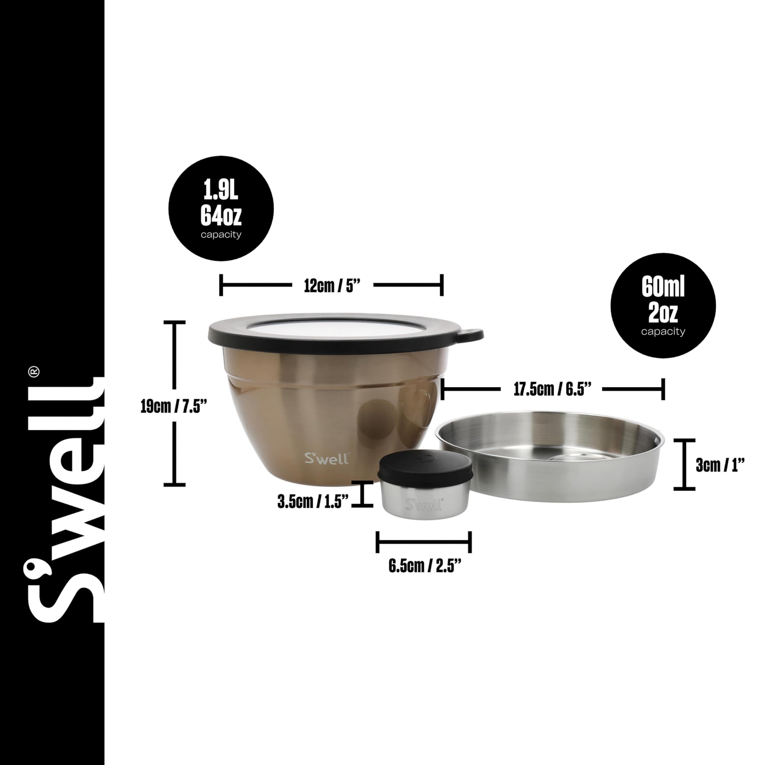 Kit De Ensalada S'well Pyrite De 1.9L - Incluye Recipiente Para Condimentos Y Bandeja Extraíble, Apto Para Lavavajillas