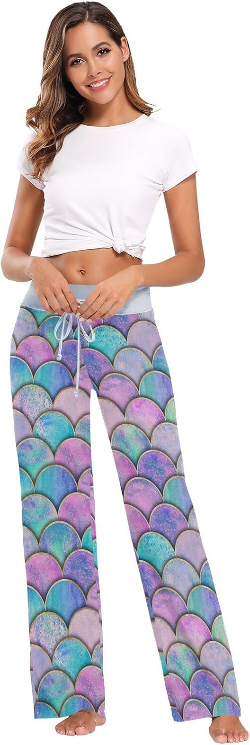 Women's Colorful Mermaid Fish Scale Wide Leg Pants Lounge Pjs Bottom High Waist Casual Loose Yoga Pants - Image 6