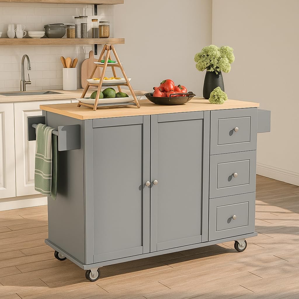Rolling Mobile Kitchen Island with Solid Wood Top and Locking Wheels,52.7 Inch Width,Storage Cabinet and Drop Leaf Breakfast Bar,Spice Rack, Towel Rack & Drawer (Grey Blue)
