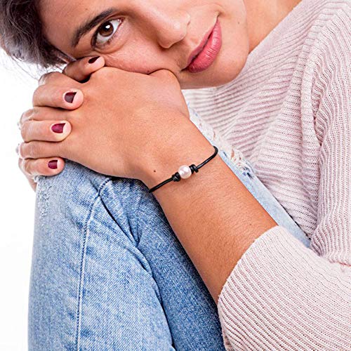Cultured Freshwater Single Pearl Bracelet Handmade Genuine Leather Wrap Bracelet With Charm Jewelry Gift For Her 7.8'' Black #TOP4