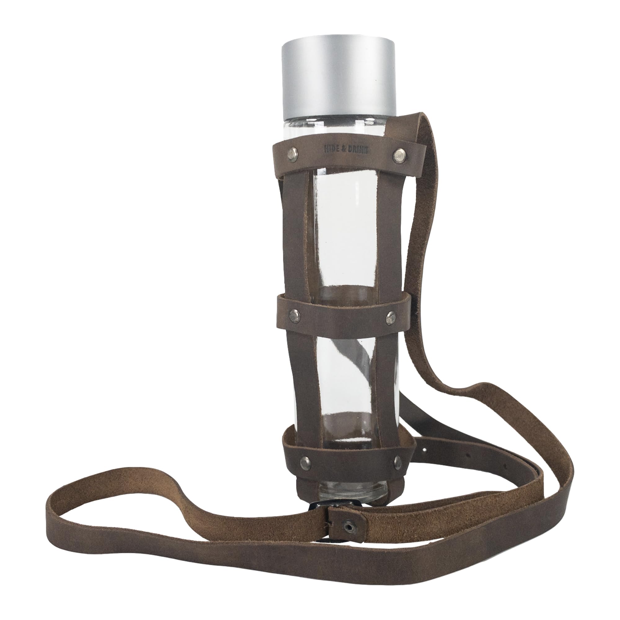 Hide & Drink, Riveted Bottle Carrier with Glass Bottle Included, Handmade from Full Grain Leather - Bourbon Brown