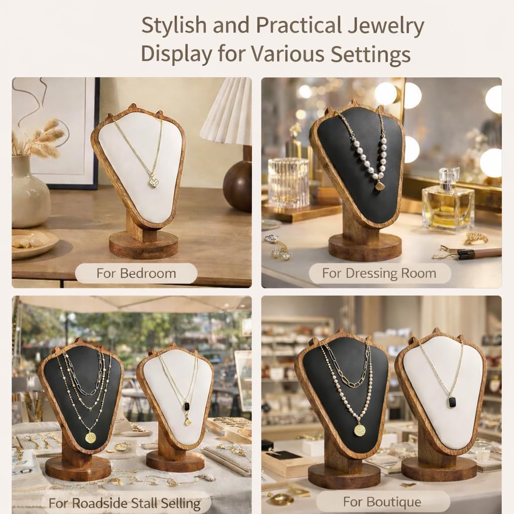 3PCS Necklace Display Stand, Walnut Wood Jewelry Holder with Soft Padded Leather Panel, Tabletop Necklace Organizer for Dresser, Vanity, Boutique Display (Black)