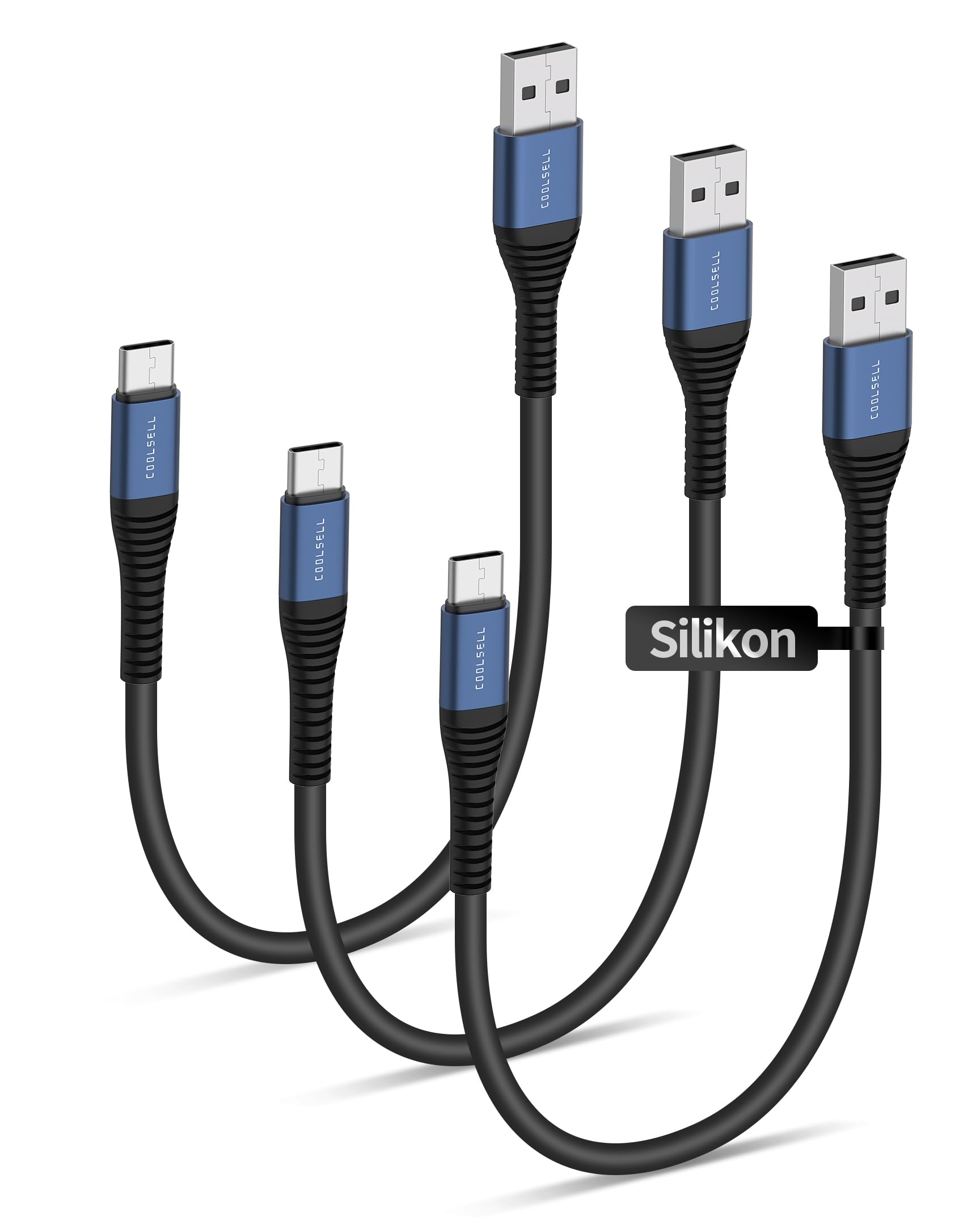 COOLSELL Ladekabel USB C Kurz 15/30/50cm, Silikon 3A Schnellladekabel USB A auf Typ C Kabel Kompatibel mit iPhone 17/16/15 Samsung Galaxy S23 S22 Google Pixel, iPad für Powerbank/Auto/Reisen