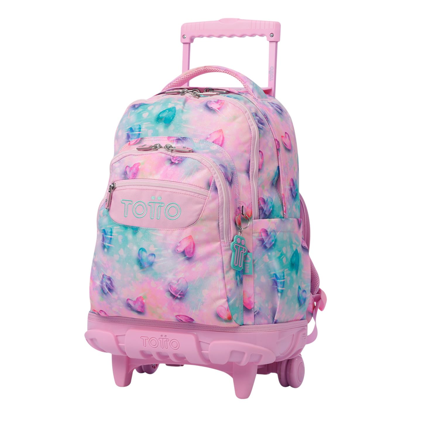 TOTTO - Zaini per la scuola con ruote, capacità 26 l, diversi modelli, con tasca per PC, manico telescopico, tasche laterali per bottiglia, spallacci ergonomici, stampe uniche, Cuore lucido glitterato
