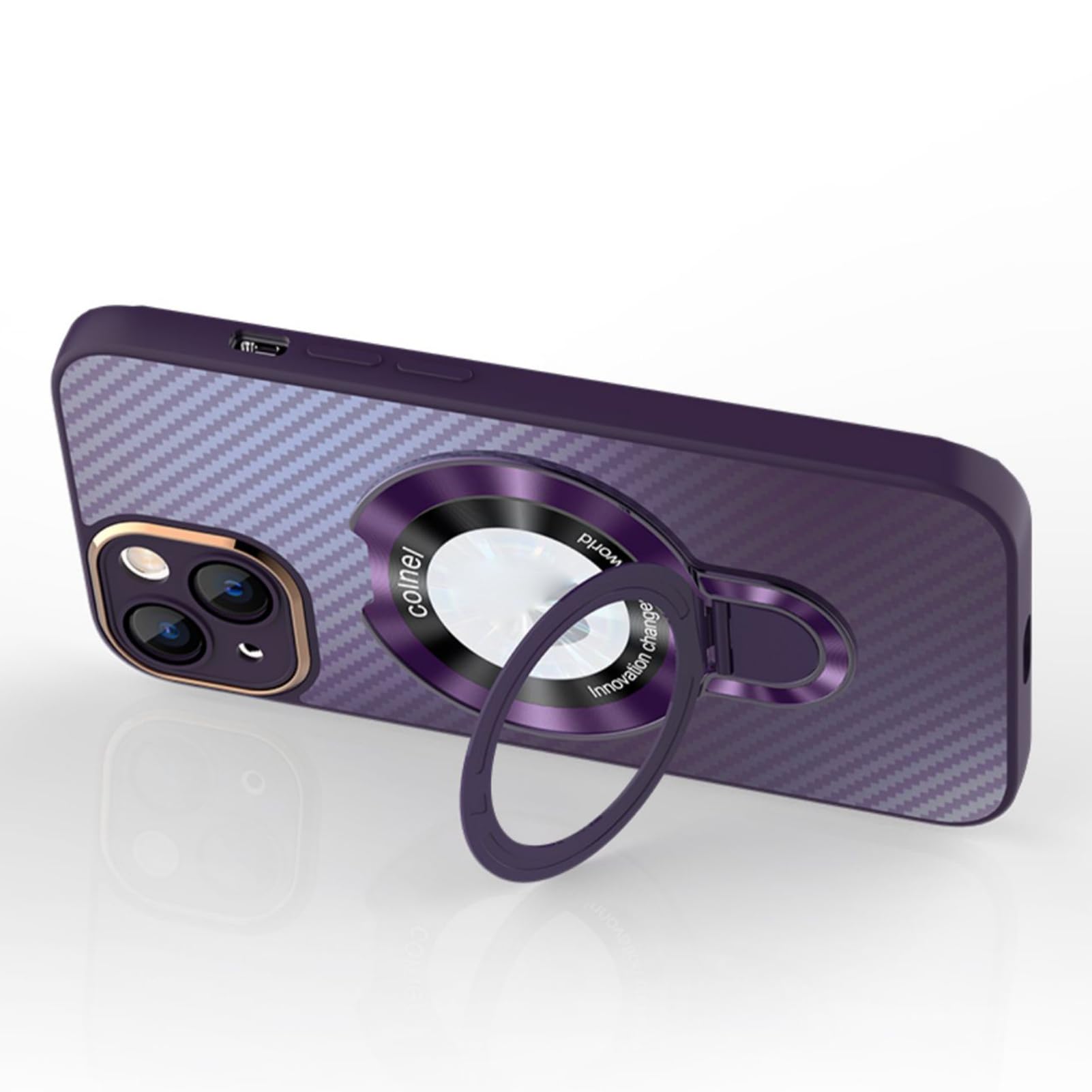 Etui magnetyczne do iPhone'a 15Pro Max/15 Pro/15 Plus/15, z podstawką pierścieniową Ochronna obudowa telefonu z teksturą włókna węglowego Widok logo, czarna, 15