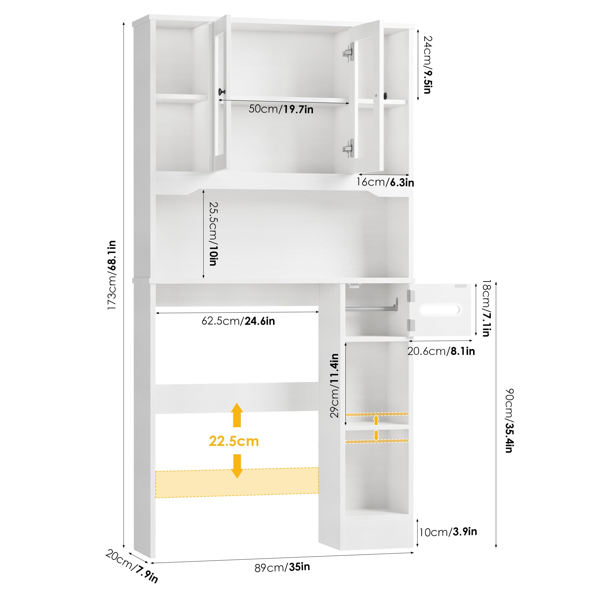 FOREHILL Mobile Lavatrice con 2 Ante, Mobile Sopra WC a 7 Scomparti Aperti e Porta Fazzoletti, Scaffale Sopra Lavatrice a Ripiani Regolabili, Mobiletto Asciugatrice, 89x20x173cm (Bianco)