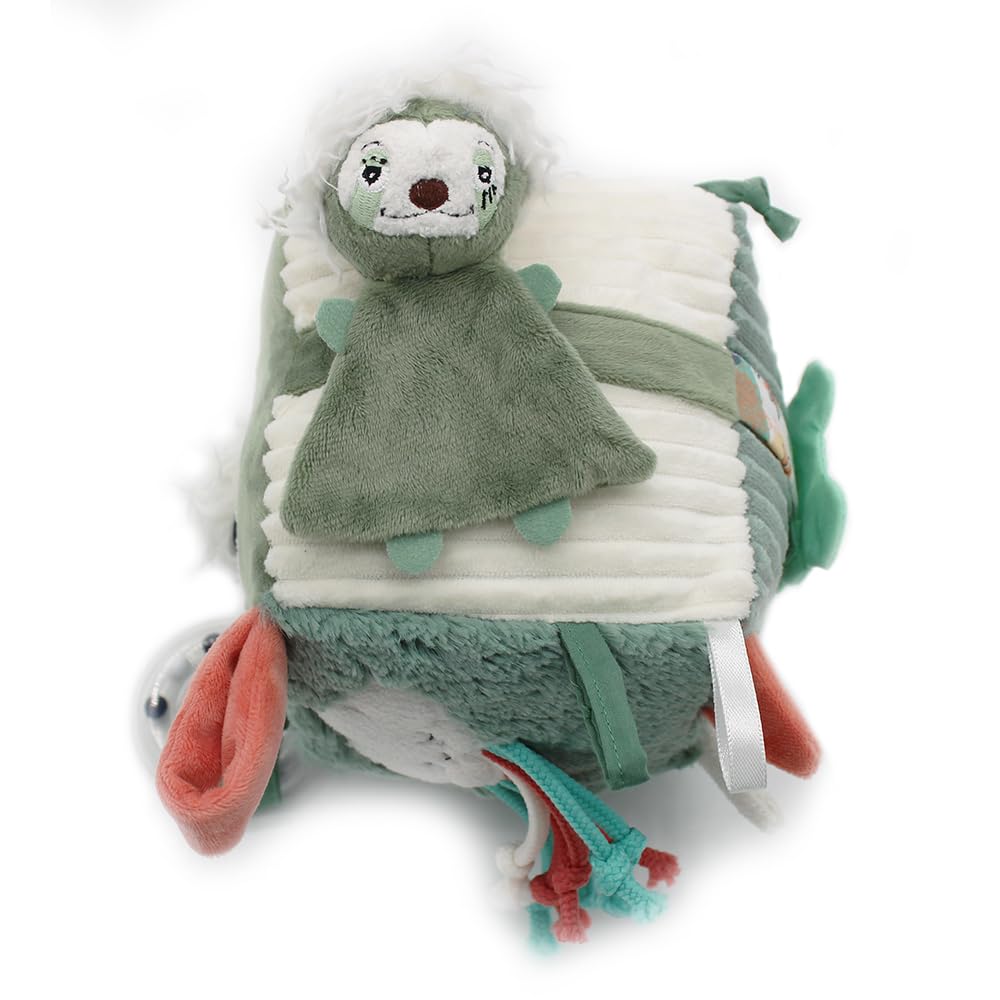 Les DEGLINGOS - Cube d'activités en Tissu Chillos Le Paresseux- Jouet d'éveil sonore et Tactile pour bébé - Jouet de développement - Cadeau de Naissance - 12cm - Vert