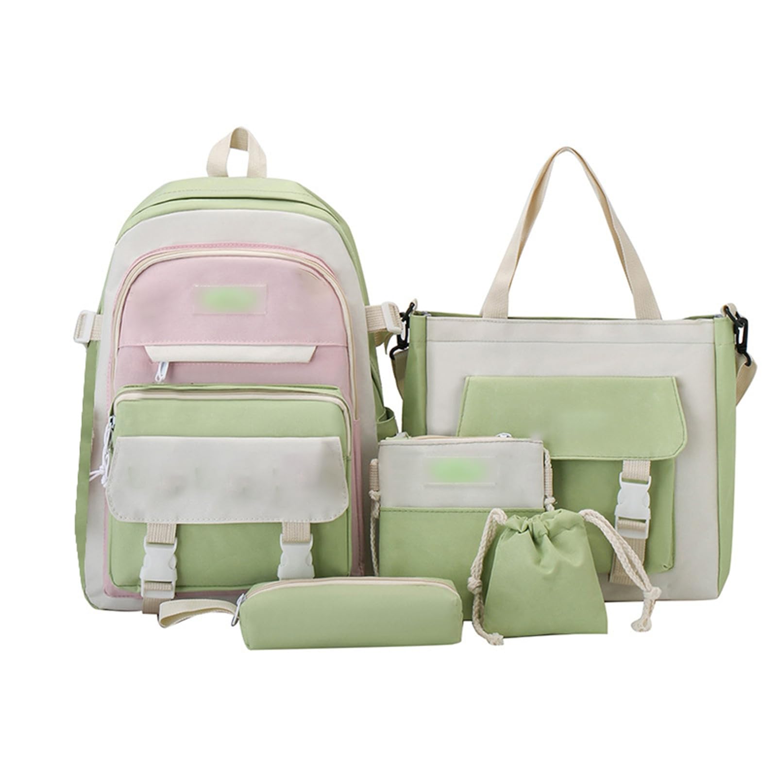 Generisch Nylon Rucksack Damen Mädchen, Leichter Schulrucksack mit 5-teiligem Set, Wasserdichter Tagesrucksack für Reisen, Büchertasche mit Großem Fassungsvermögen (Green, One Size)