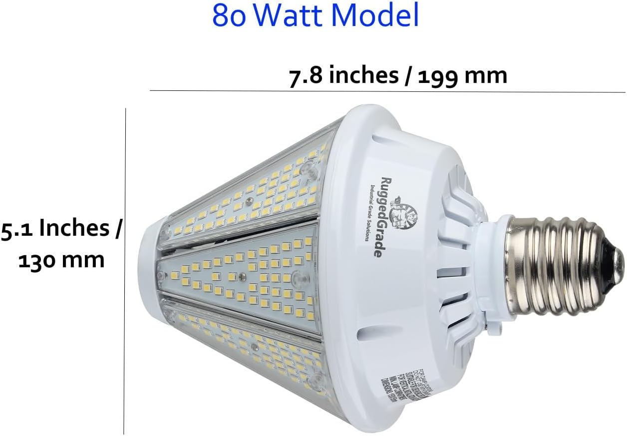 RuggedGrade 80W LED High Bay Light Bulb - Oberon II Series - 9,800 Lumens - 5000K Bright White - Includes Interchangeable E39 and E26 Base - Post Top Bulb - DLC 5.1 Premium