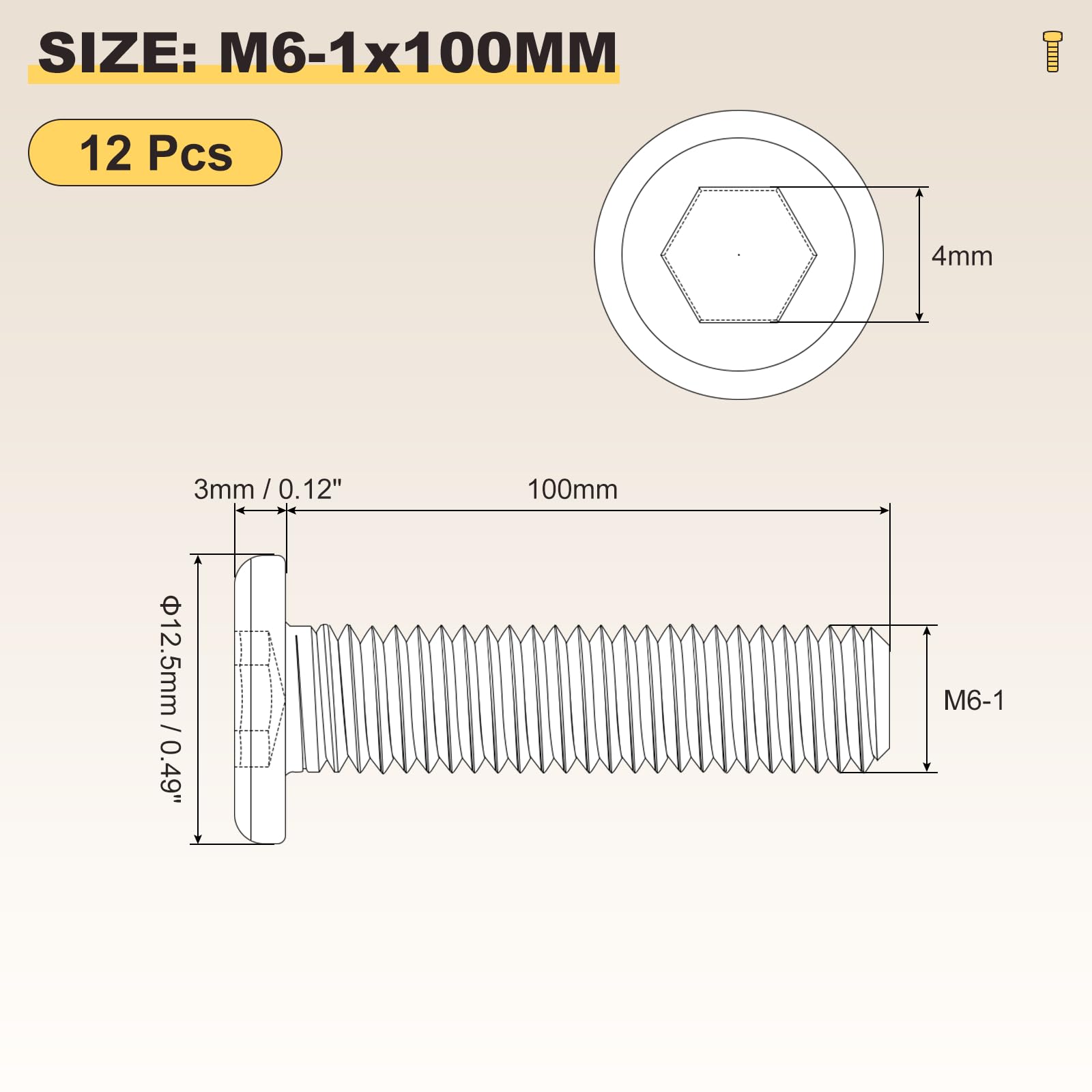 METALLIXITY Flat Head Hex Socket Cap Screws Bolts(M6-1x100) 12Pcs, 304 Stainless Steel Hex Socket Furniture Bolts Screws - Image 2
