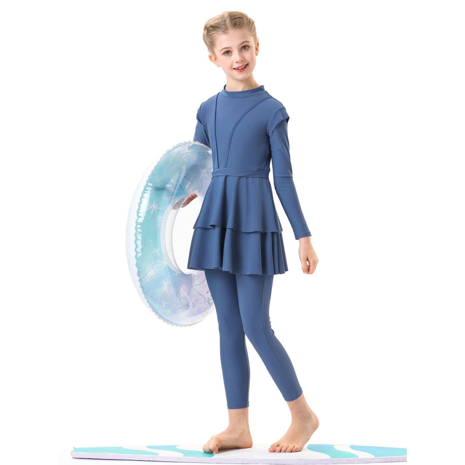 Maillot De Bain Enfant,3 Pièce Manche Courte Maillots Anti-UV Imprimé Dinosaure À Manches Courtes Enfant Fille Piscine Bébé Filles Costume Zippé Longues (Bleu,10-11 Ans)