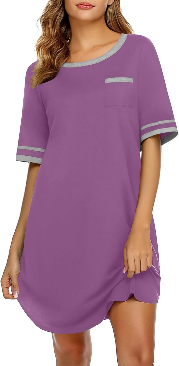 Ekouaer Cotton Nightgowns for Women Soft Sleepwear Comfy Short Sleeve Sleep Shirts Crew Neck Night Shirts with Pocket S-3XL