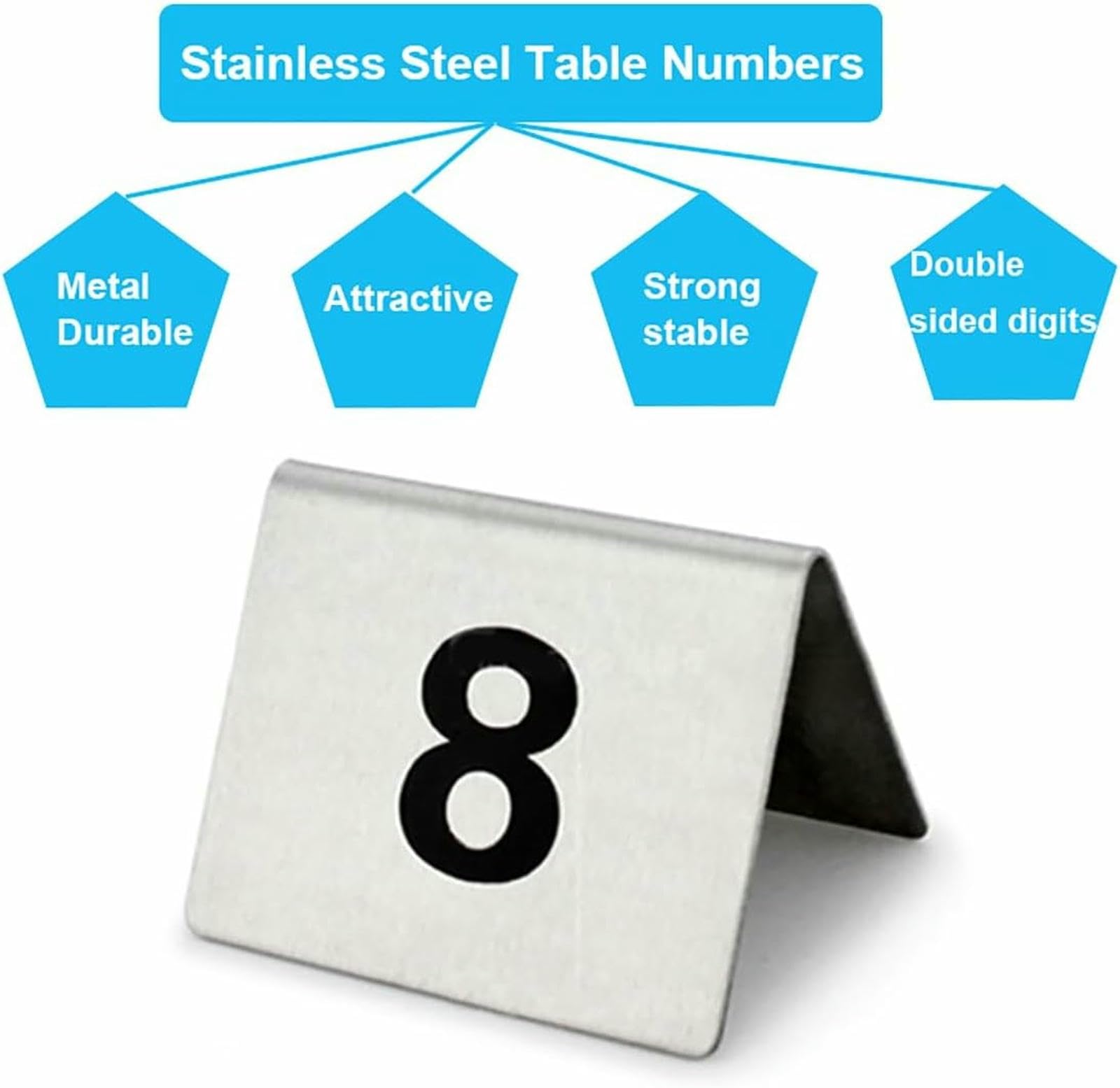 Números de mesa de acero inoxidable, placas de números de restaurante estilo tienda de campaña para bodas, cumpleaños y fiestas, diseño apilable para una fácil visualización