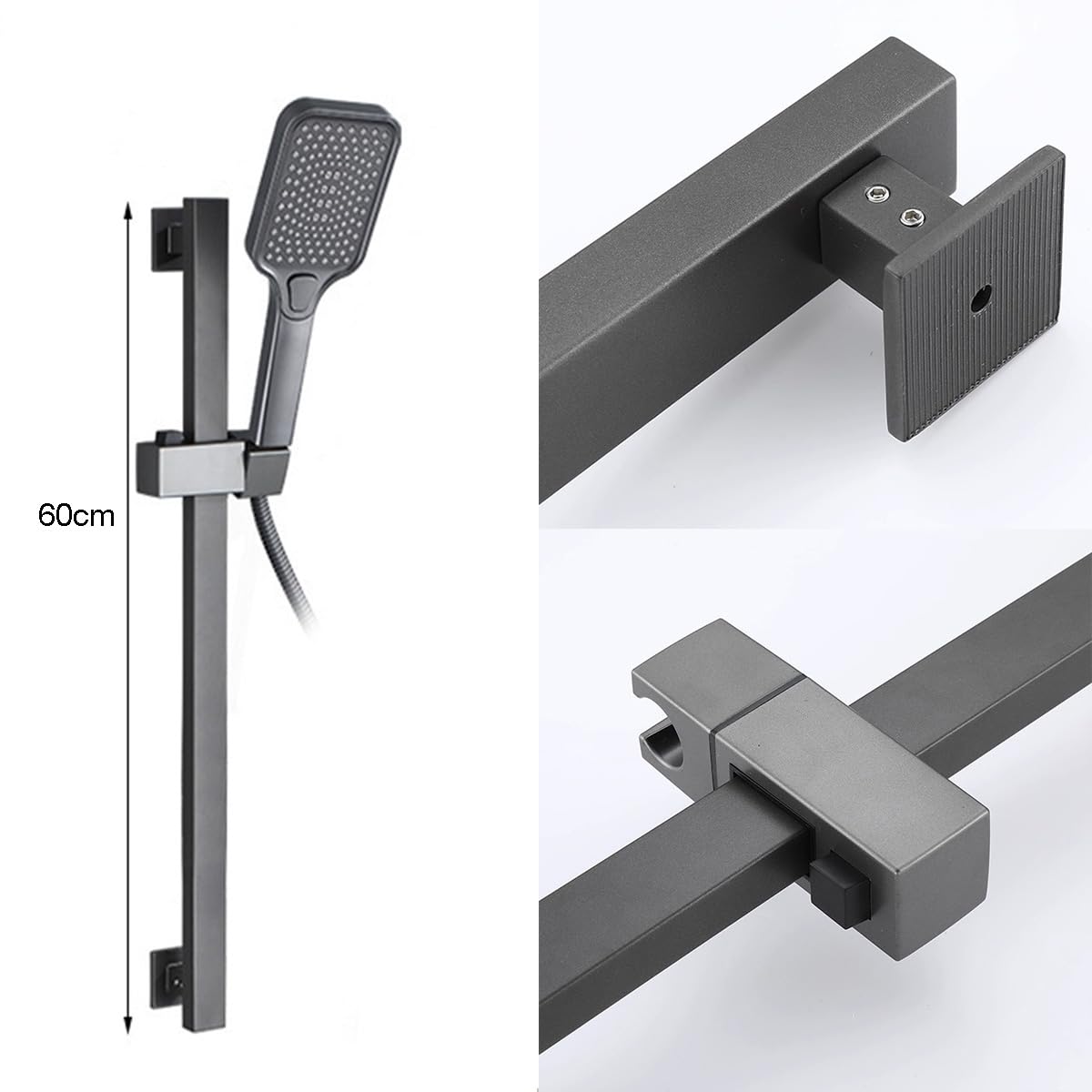 Asta Saliscendi per Doccia Quadrata 60 cm, Montaggio a Parete con Angolo e Altezza Regolabili, Rotazione a 360°, Supporto per Soffione in Acciaio Inox SUS304 Antiruggine (Argento)
