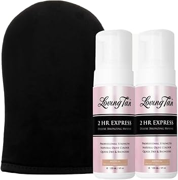 Loving Tan 2 HR Express Mousse, Medium 2 Pack + Mitt - Streak Free, Natural looking, Professional Strength Sunless Tanner- Up to 5 Apps/Bottle, Cruelty Free, Naturally Derived DHA- 4 FL Oz...