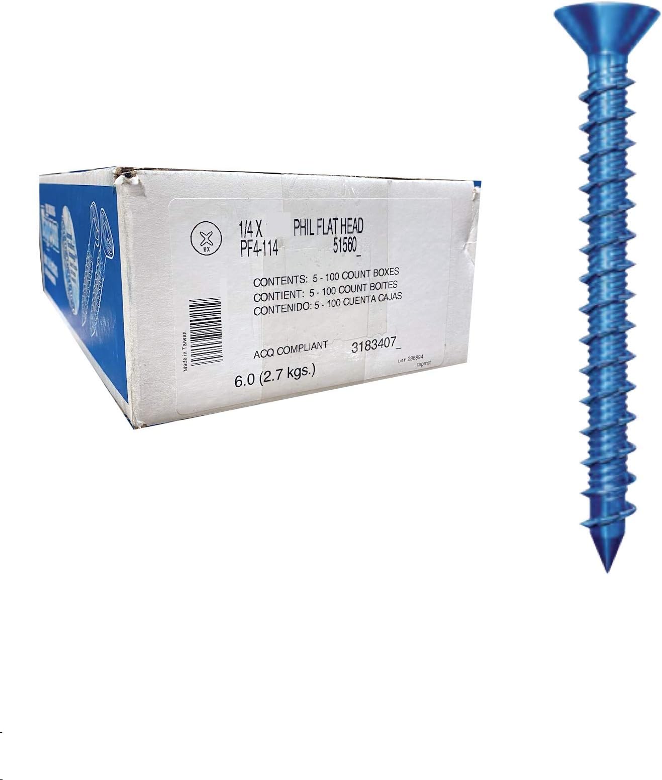 ITW Red Head 1/4" x 4" Tapcon, PF4-4 Flat Phillips Concrete Screw for Anchoring to Masonry, Block or Brick (500 per Case)