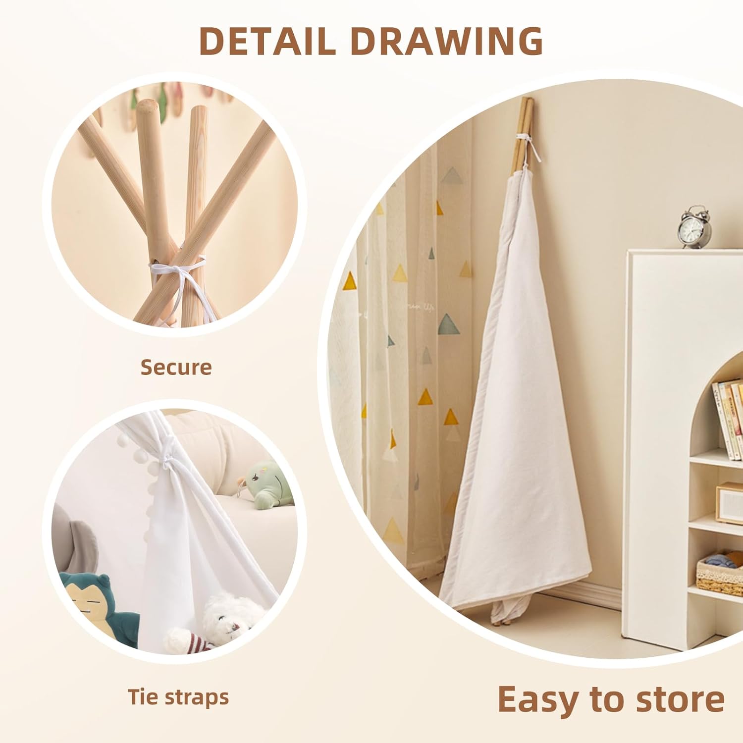 4 PCS White Kids Teepee Play Tent, Foldable Washable Tipi Tent Kids Boho Tent, Playhouse for Girls and Boys Over 3 Years Sleepovers Party Birthday Party Slumber Party