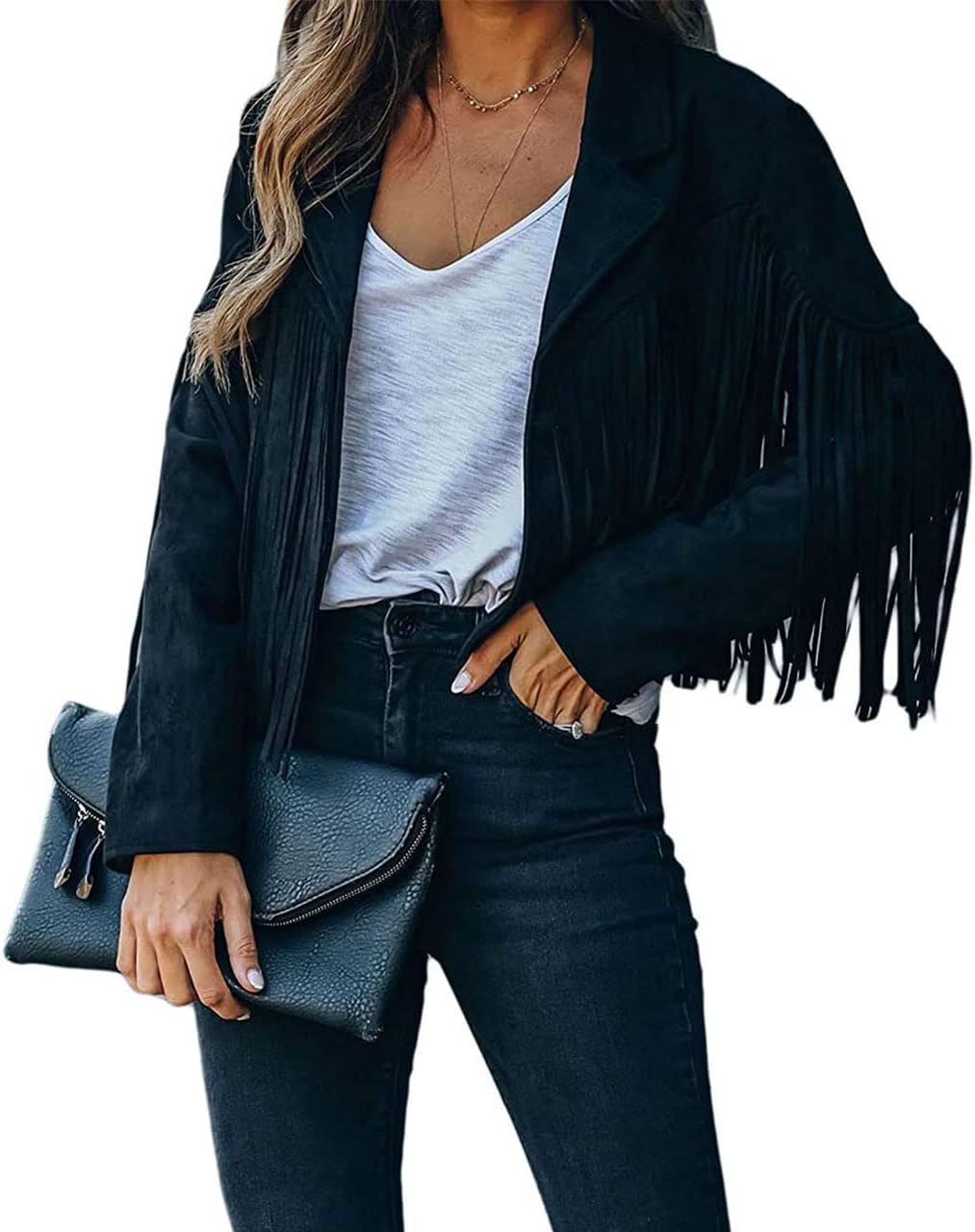 ebossy Women's Suede Fringe Jacket Long Sleeve Slim Faux Leather Boyfriend Cropped Top with Tassles