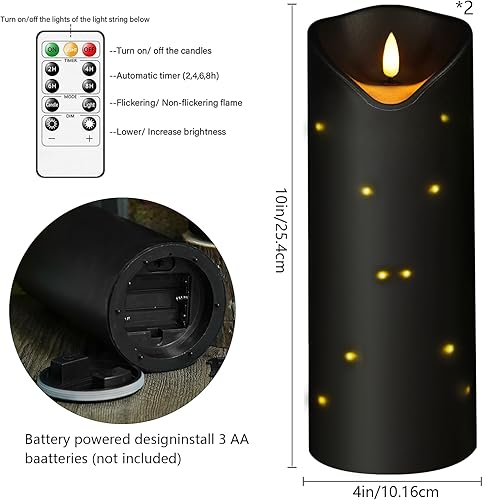 Miniatura 2 de Velas sin llama de 4 x 10 pulgadas, impermeables, funcionan con pilas, con control remoto y temporizador, cadena de luces internas, color negro,