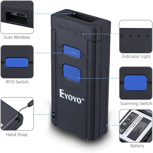 Miniatura 9 de Eyoyo Mini escáner de código de barras inalámbrico 1D Bluetooth, Bluetooth 3 en 1 y conexión inalámbrica y cableada 2.4G, lector de código de barras