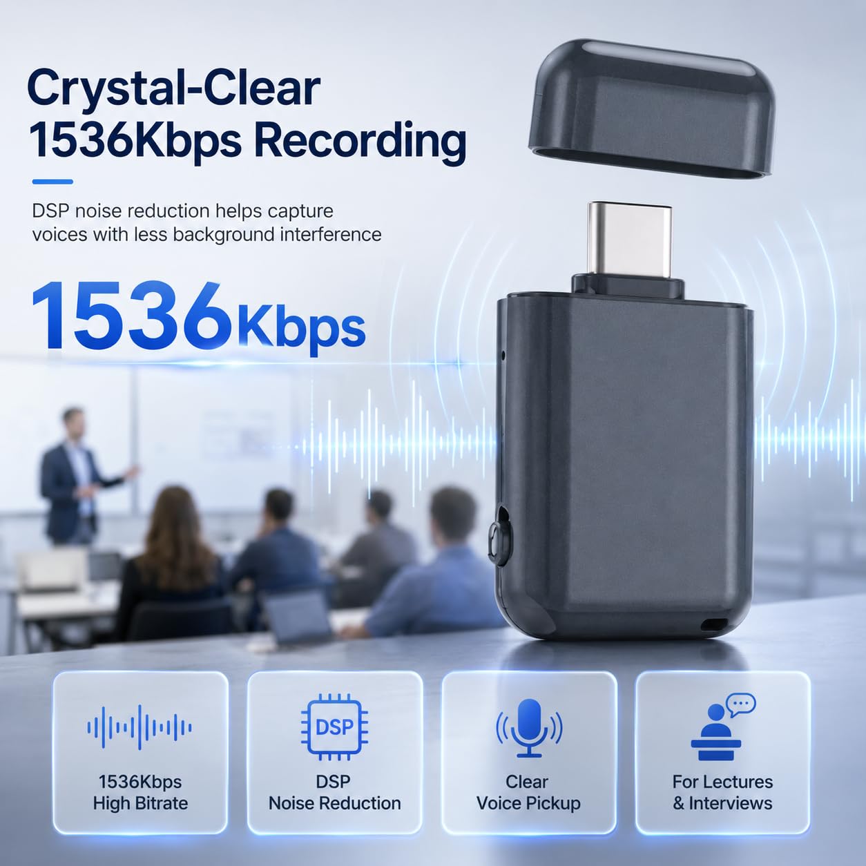 Mini Enregistreur Vocal - 64GB Dictaphone Enregistreur Vocal 1536 Kbps à Enregistrement One-Touch, Enregistreur Vocal Espion Discret pour Réunions, Cours