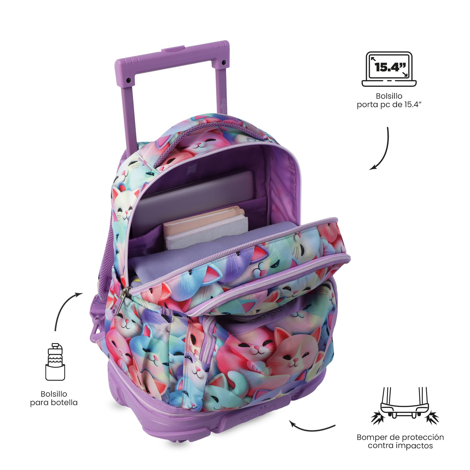 TOTTO - Mochila Escolar con Ruedas Desmontables, Modelo Tiza, Capacidad 26 L, Mochila PC 15.4", Bolsillo Botella, Manija Telescópica, Espaldar Ergonómico y Correas en S, Estampado Mewsy 3D