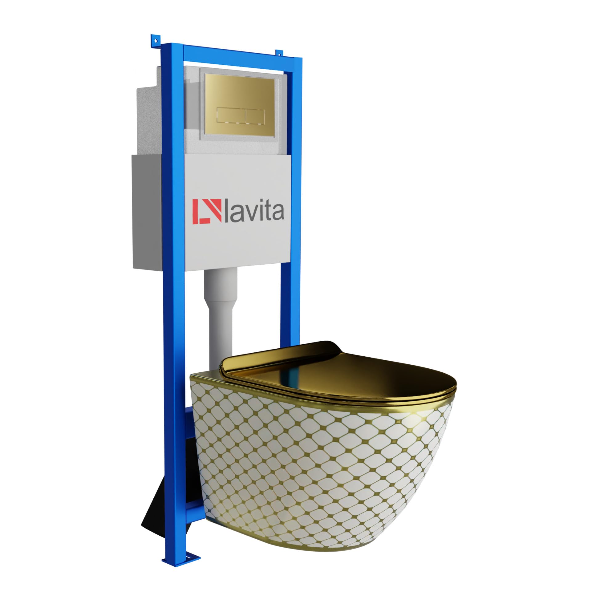 Lavita LAV 101 Élément mural WC 40 cm + évier mural SOFI SLIM CHECKED GOLD sans bord + panneau de commande LAV 200.3.5 Gold | Kit complet | Réservoir de chasse encastré