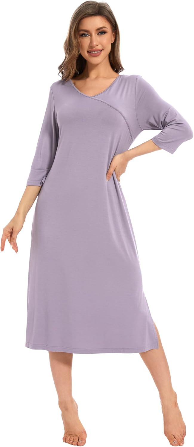 GYS Viscose Long Nightgown for Women, 3/4 Sleeves V Neck Sleep Dress Soft Lightweight Sleepwear Ladies Nightdress - Image 3