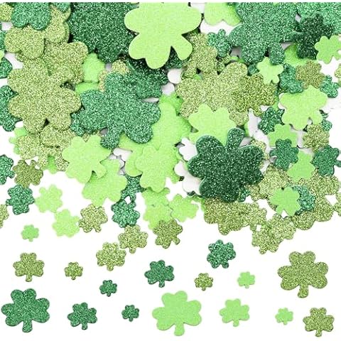 300 Pieces Green Glitter Shamrock Foam Stickers for St Patrick's Day - Lucky Clover Foam Stickers for Kids, St. Patricks Day Irish Party Decoration Craft Supply Self Adhesive Seals for Window Wall Cover