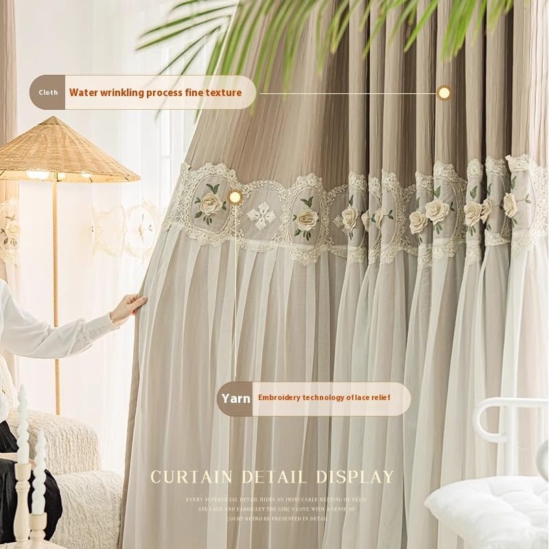 1PC Cloth and Yarn Integration Curtains,Home Curtains Blackout,Suitable for bedrooms and Living Rooms,Grommet Top,3D Relief Embroidered Flower (Milk Tea Color,51x98 Inch)