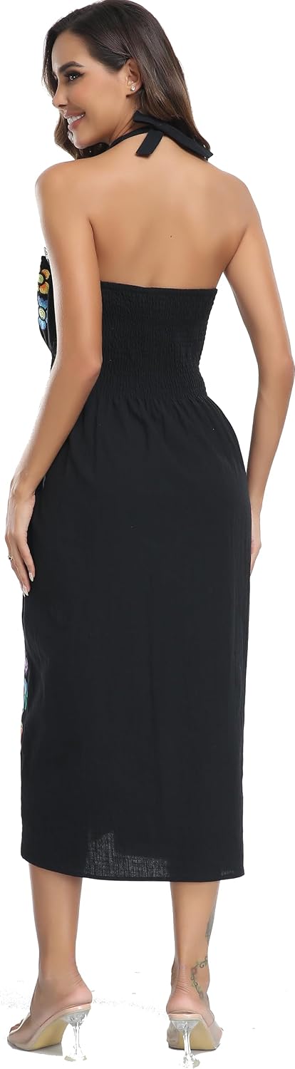 YZXDORWJ Women's Mexican Floral Embroidered Halter Neck Split Sleeveless Ruffle Party Long Dresses