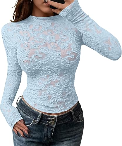 BTFBM Mesh Long Sleeve Tops for Women Sexy Lace Sheer,Light Blue,XX-Large