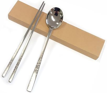 SUPIA Korean Traditional Cutlery Stainless Steel Spoons and Chopsticks Set Tableware with Long-hand, Reusable (Silver Hunminjeongeum)
