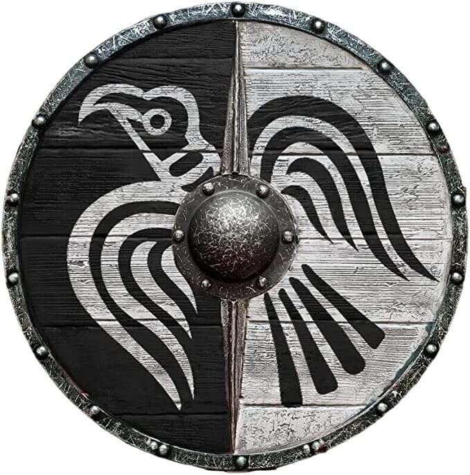 GenericMedieval Viking Shield Eivor Valhalla Raven Clan Norse White-Black Battleworn Wood & Iron Shield for Home Decor/Cosplay