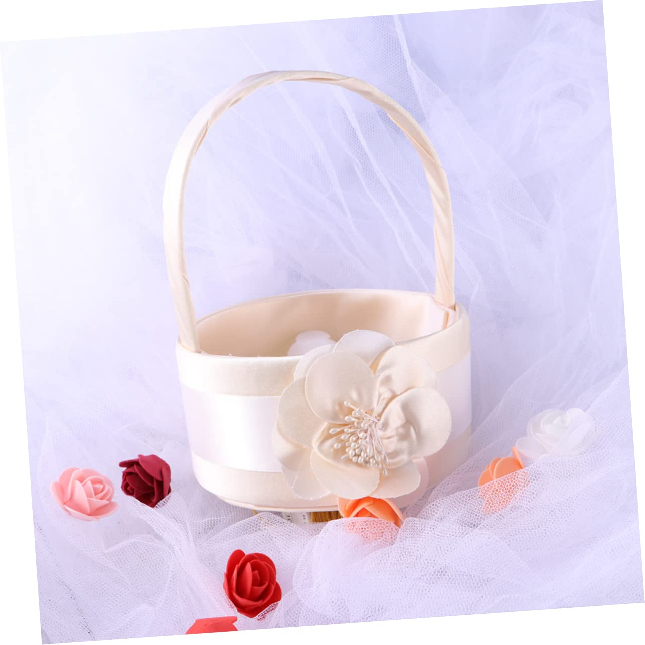 Weißer Hochzeitskorb 2 Stück-pack aus Stoff, Rund, für Blumenmädchen