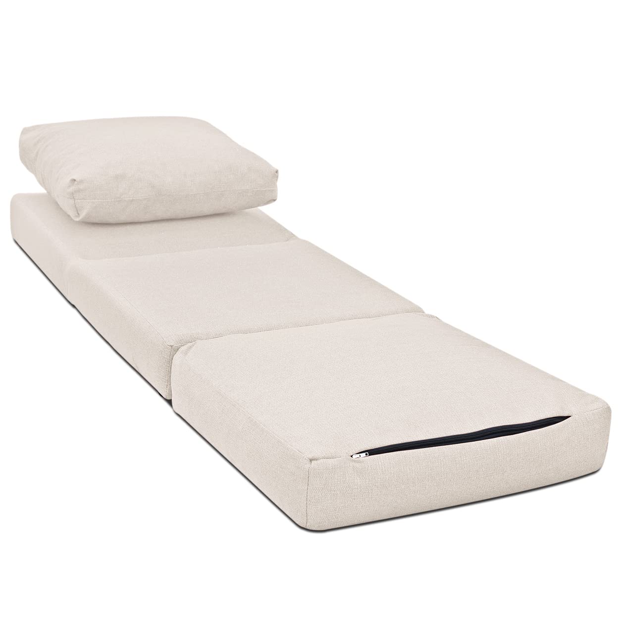 EVERGREENWEB - Piccolo Divano Letto Salvaspazio, Poltrona con Schienale Pieghevole 5 Livelli, Tessuto Sfoderabile Beige, Comodo Pouf Letto 2in1 Trasformabile in Materasso Singolo, Cuscino Rimuovibile