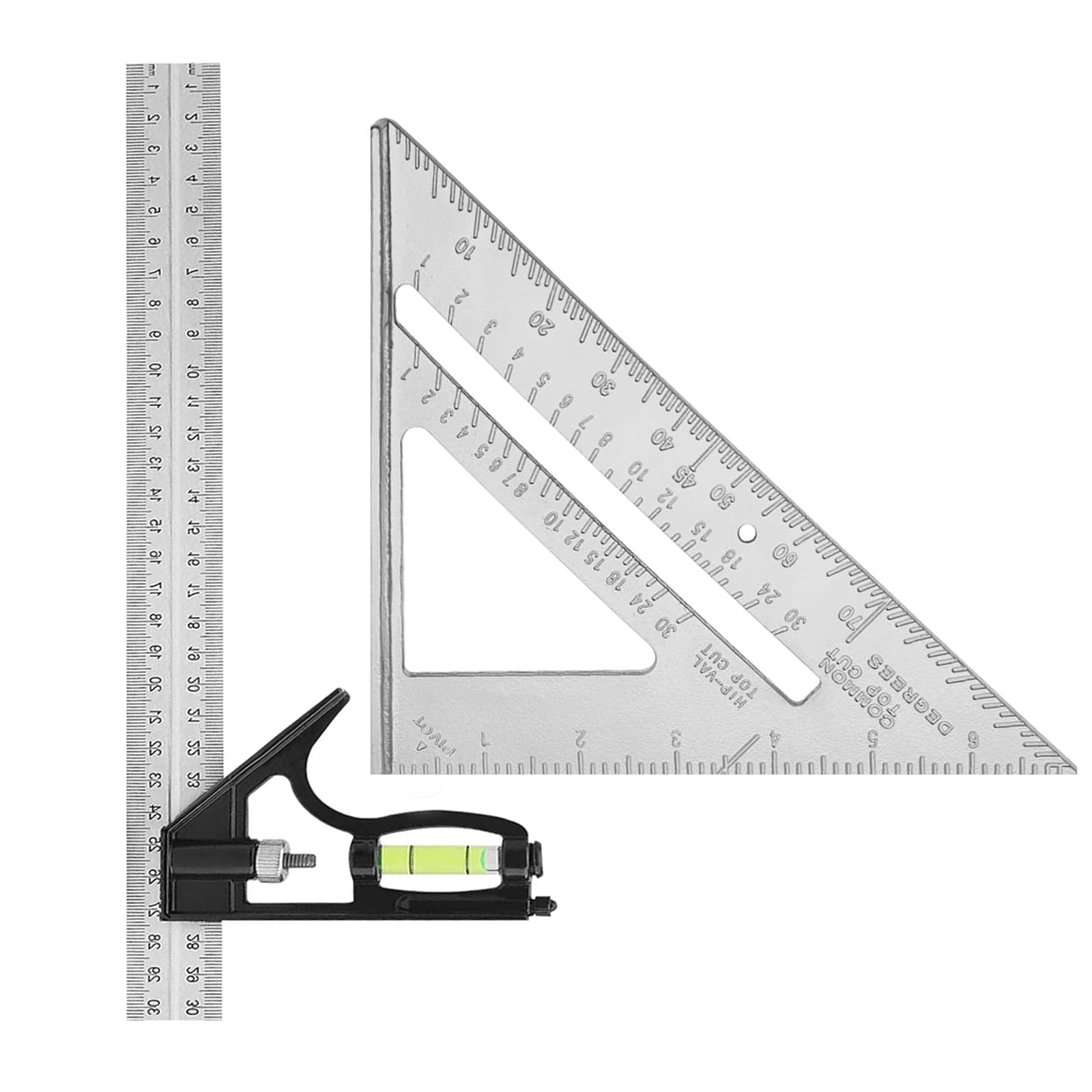 Combination Square Set 12 inch 7 inch,Trend Angle Finder,Bevel Gauge,Woodworking Triangle Speed Square for Carpenters Engineers Roofers Builders Joiners (Silver)