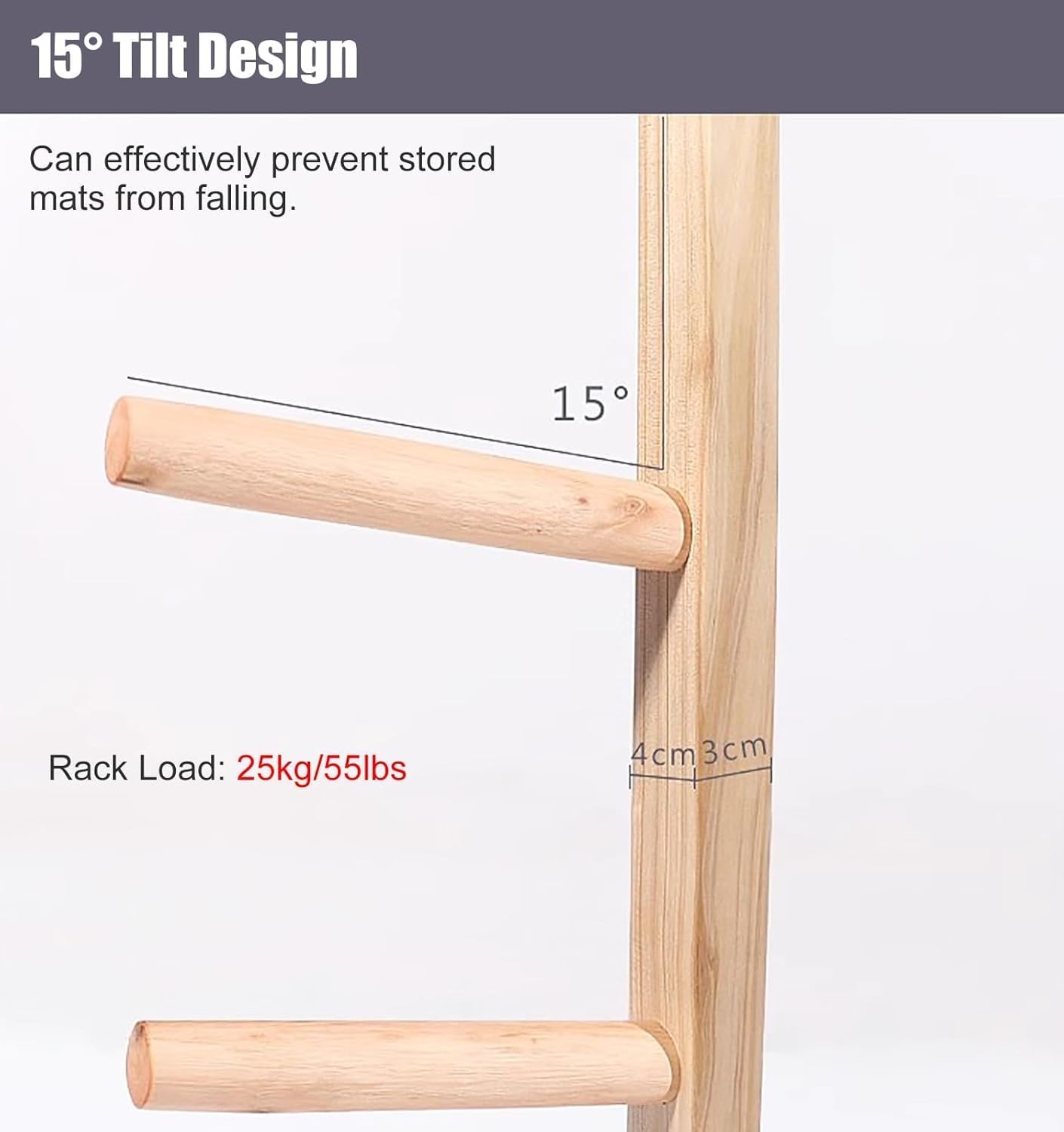 Support pour tapis de yoga, support de tapis de yoga mural, étagère en bois, économise de l'espace, convient pour les rouleaux en mousse, les bandes de résistance et les tapis d'entraînement