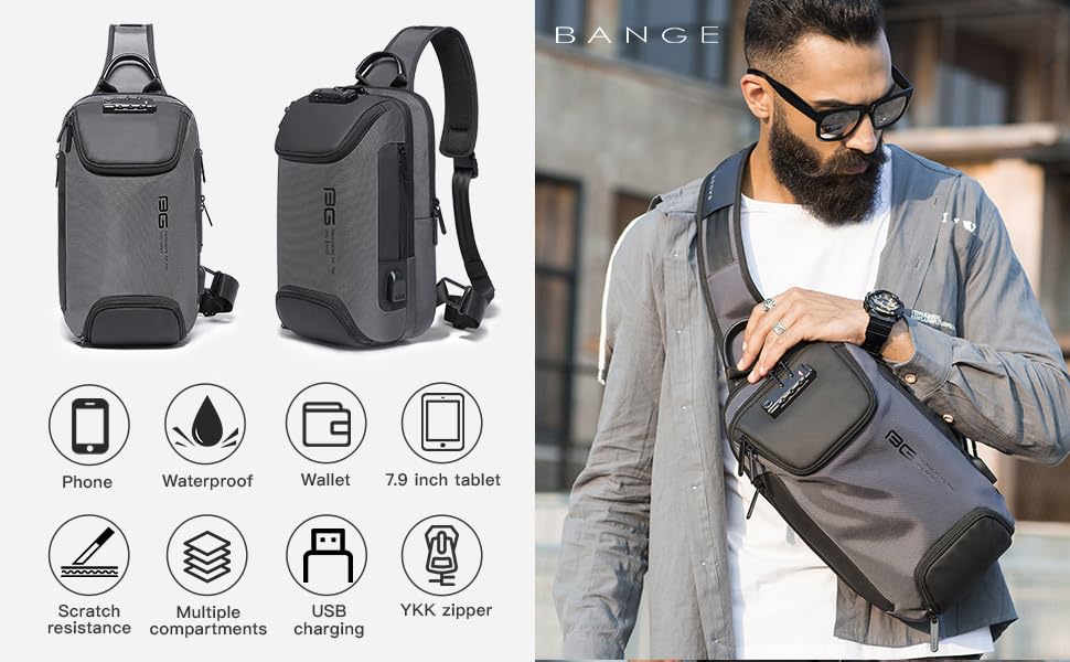 Image of BANGE Anti Theft Sling Bag with USB Charging Port, Waterproof Crossbody Chest Pack, Lightweight Travel Daypack Shoulder Bag for Men Women