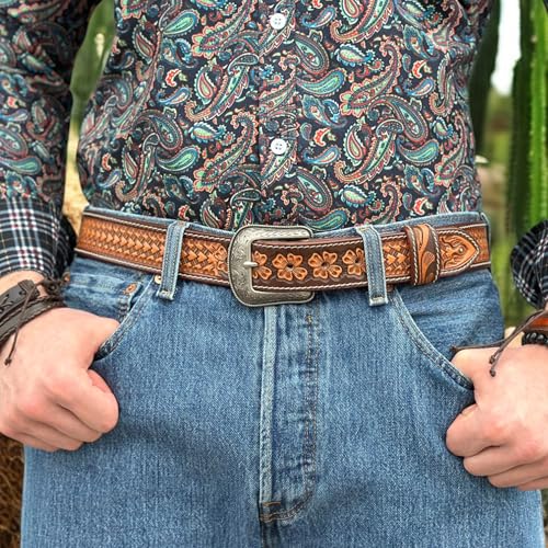 DANIEL'S ARTPLANET Men’s Western Leather Belt Full Grain Leather Cowboy Belt with Buckle Tooled Engraved 1.5” Wide Handmade2
