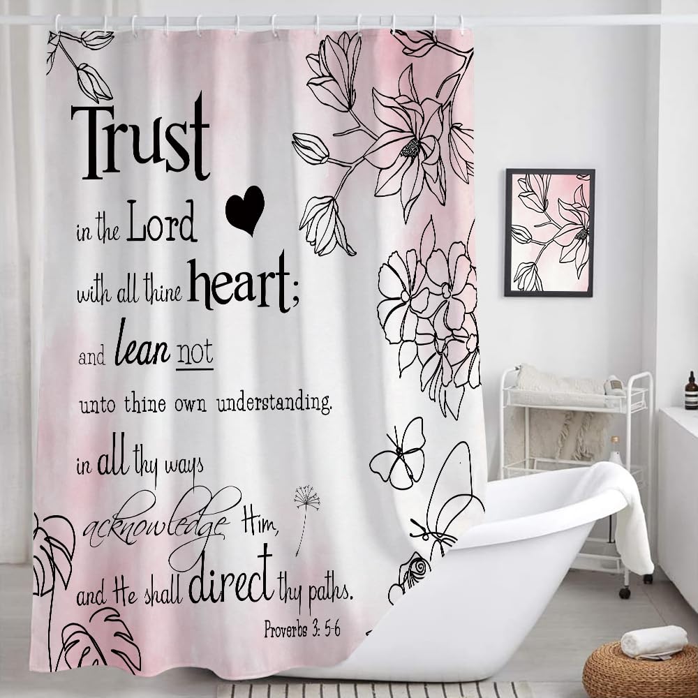 Tenda da doccia con versi botanici, rosa omber biblica versi motivazionali citazioni scritture set tenda doccia estetica minimalista boho floreale fede cristiana 178 x 178 cm