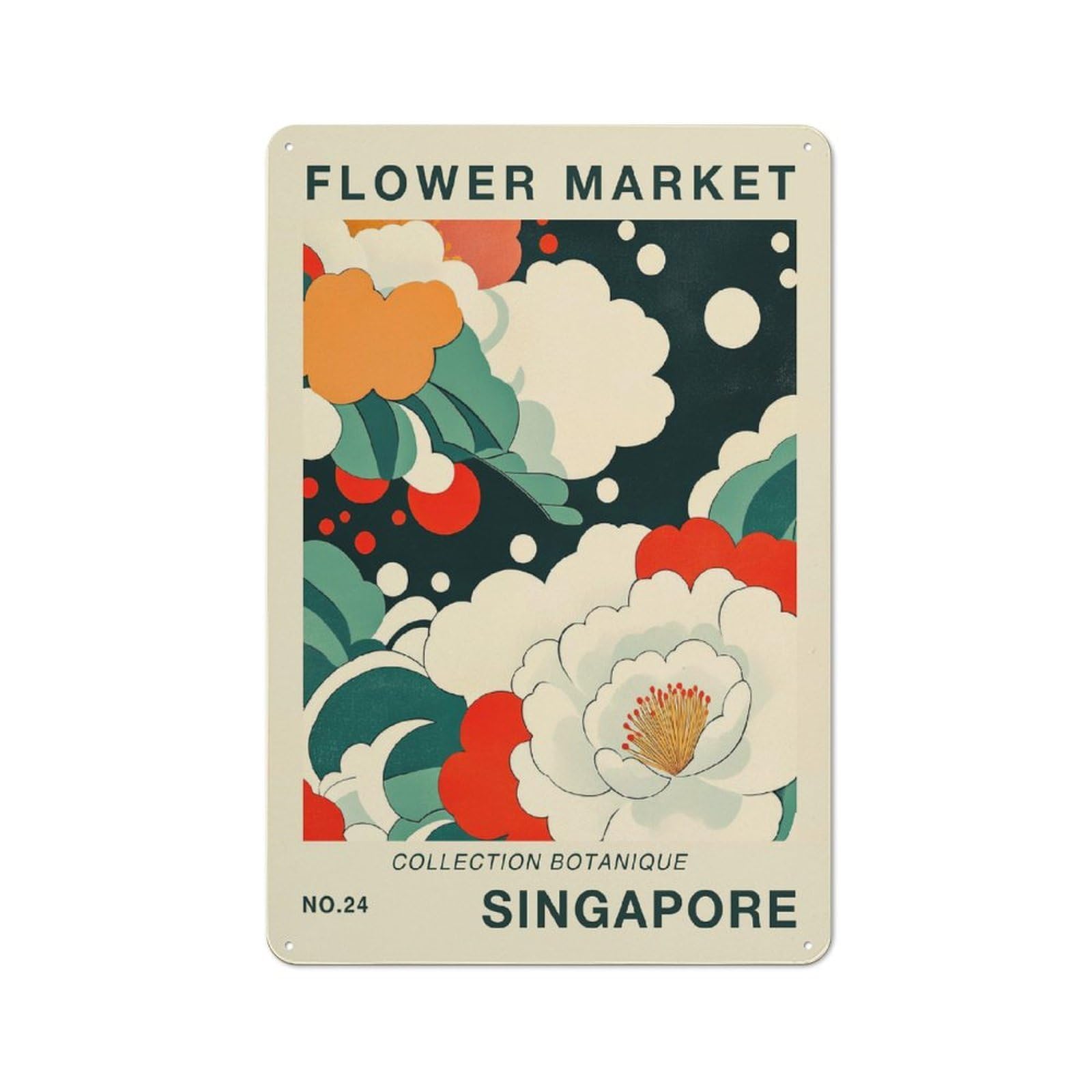 Junmoney Style-18 Vintage Metal Sign 30X20cm Featuring Singapore Flower Market Poster For Pub Or Café, Wall Decor For People Reorganising Pub And Café