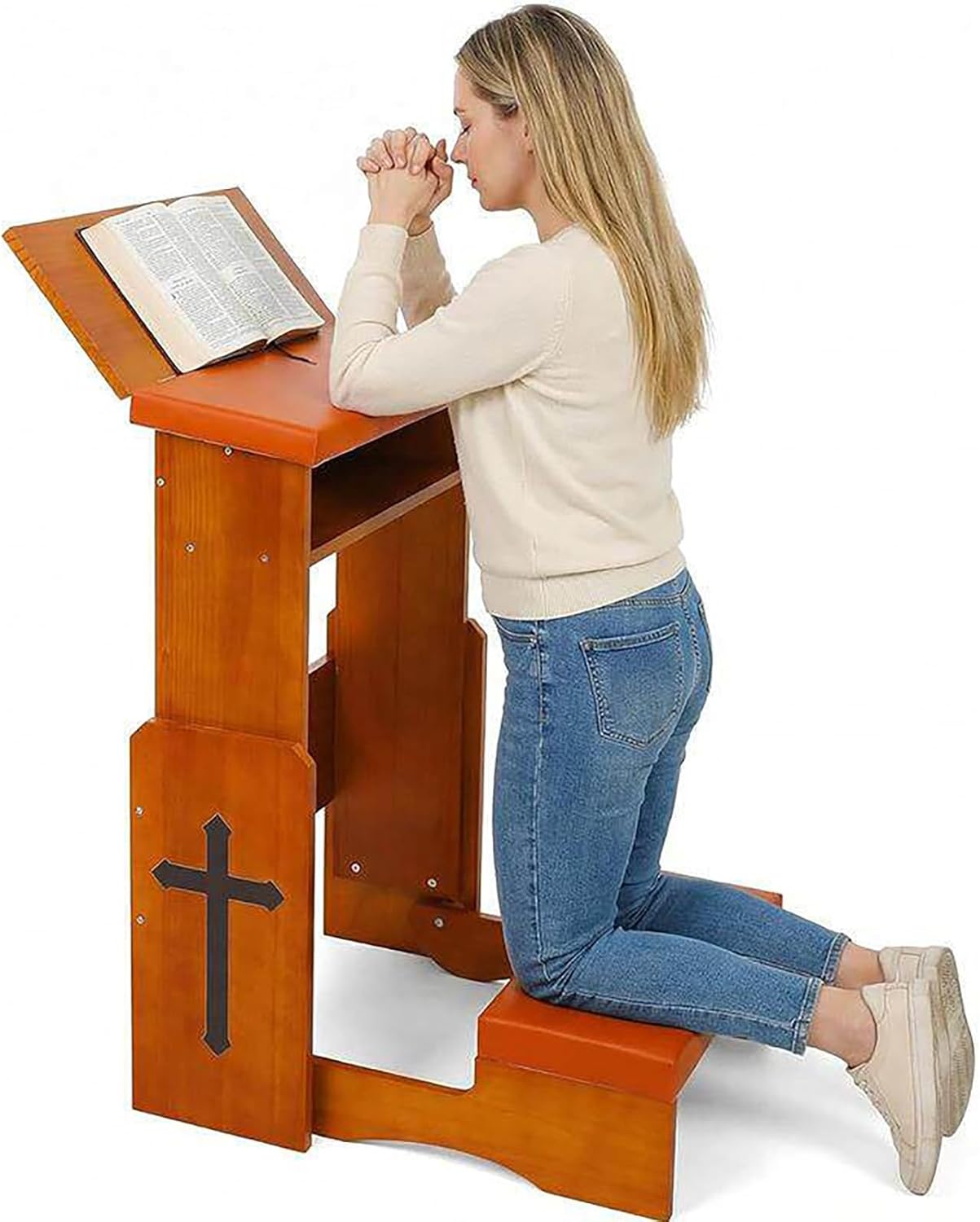 HOFSSI Solid Wood Prayer Bench Stool with Shelf and Cushion, Height-Adjustable Church Prayer Bench Table Chair Padded Kneeler for Kneeling at Home, Religious Gifts